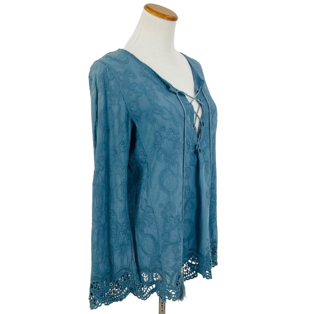 Blue Lace Up Embroidered Crochet Trim Tassel Tunic Top| Coastal Grandma Boho S/M - Picture 9 of 16